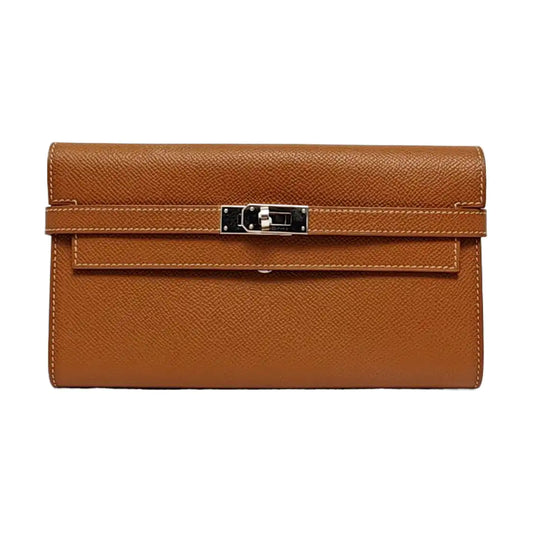 HERMÈS Kelly Gold Brown Epsom Calfskin Wallet with Silver Hardware D-(SKU)-969641631
