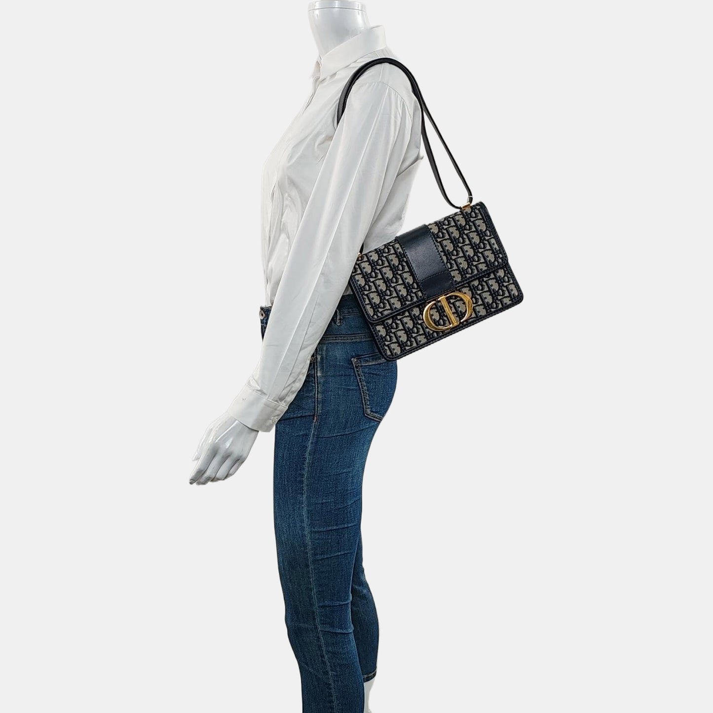 DIOR 30 Montaigne Blue Canvas Monogram Jacquard Shoulder Bag with Chain Strap, Gold Hardware, Removable Shoulder Strap-(SKU)-969782646