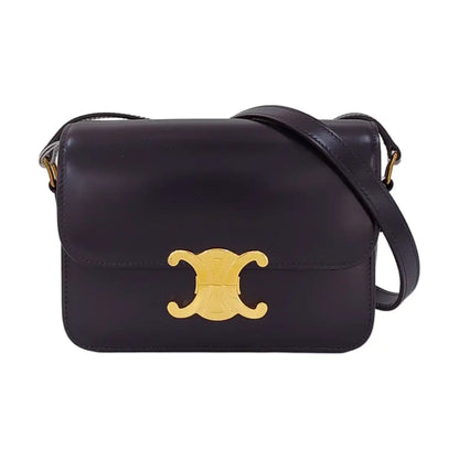 CELINE TRIOMPHE Dark Purple Calf Leather Triumph Monogram Single Shoulder Bag Golden Hardware-(SKU)-969606927