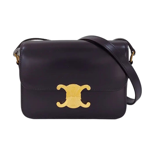 CELINE TRIOMPHE Dark Purple Calf Leather Triumph Monogram Single Shoulder Bag Golden Hardware-(SKU)-969606927