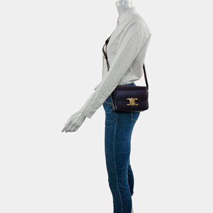 CELINE TRIOMPHE Dark Purple Calf Leather Triumph Monogram Single Shoulder Bag Golden Hardware-(SKU)-969606927