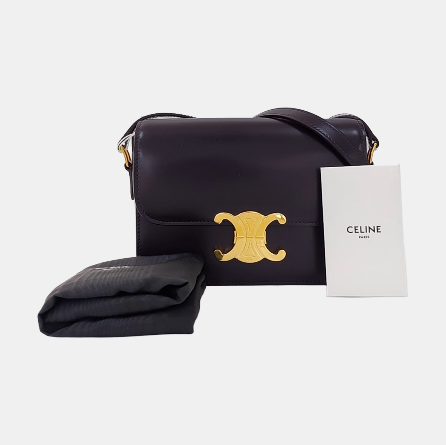 CELINE TRIOMPHE Dark Purple Calf Leather Triumph Monogram Single Shoulder Bag Golden Hardware-(SKU)-969606927