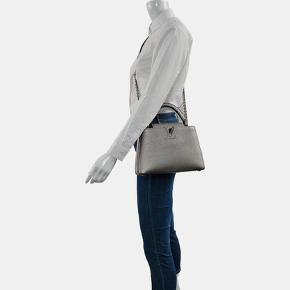 LOUIS VUITTON CAPUCINES Small Size Silver Calfskin Capucines Single Shoulder Bag with Silver Hardware Removable Shoulder Strap-(SKU)-969826405