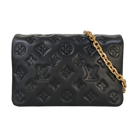 LOUIS VUITTON COUSSIN Black Lamb Skin Vintage Embossed Crossbody Shoulder Bag Tote Bag Gold Hardware Removable Strap-(SKU)-970025673