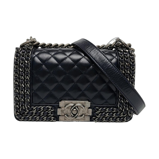 CHANEL BOY CHANEL Small Deep Blue Calfskin Quilted Stitched Crossbody Shoulder Bag Rhodium Hardware 23 Clasp Removable Strap-(SKU)-969719743