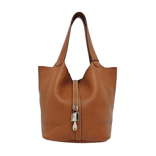 HERMÈS Picotin Lock 22 Cognac Brown Clemence Leather Market Basket Tote Bag with Silver Hardware X-(SKU)-969778968