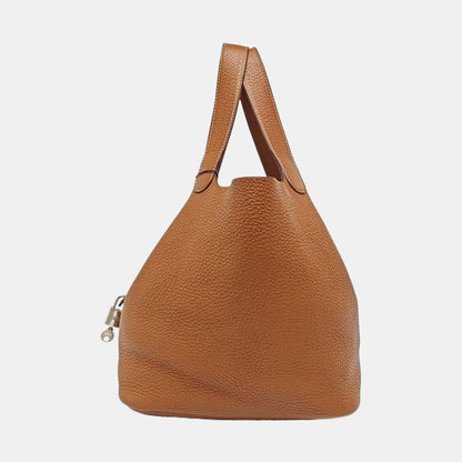 HERMÈS Picotin Lock 22 Cognac Brown Clemence Leather Market Basket Tote Bag with Silver Hardware X-(SKU)-969778968
