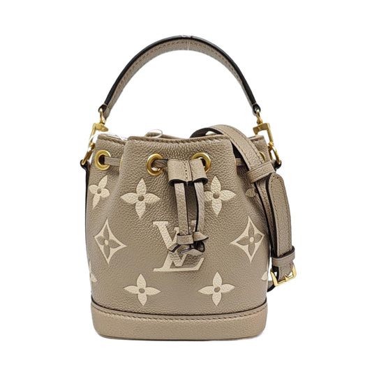 LOUIS VUITTON NOÉ Nano Grey Calfskin Monogram Embossed Bucket Bag Shoulder Bag Crossbody Bag Gold Hardware 2 Removable Shoulder Straps-(SKU)-970294516