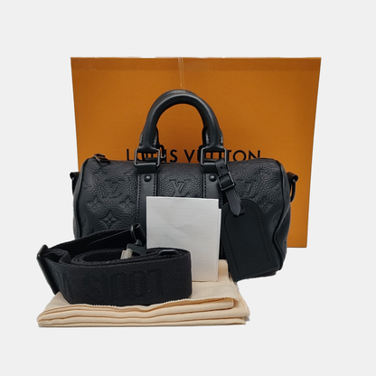 LOUIS VUITTON KEEPALL 25 Black Leather Monogram Damier Ebene Black Single Shoulder Bag Tote Bag Crossbody Bag with Black Hardware and Detachable Shoulder Strap-(SKU)-970163847
