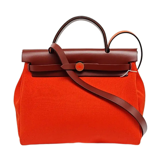 HERMÈS Herbag 31 Lotus Flower/Orange Red Canvas Single Shoulder Bag Handbag Silver Hardware Z Pockets Removable Strap-(SKU)-970002442