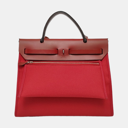 HERMÈS Herbag 31 Hermes Red Canvas Shoulder Bag Handbag Silver Hardware Y Engraving Removable Strap-(SKU)-970274118