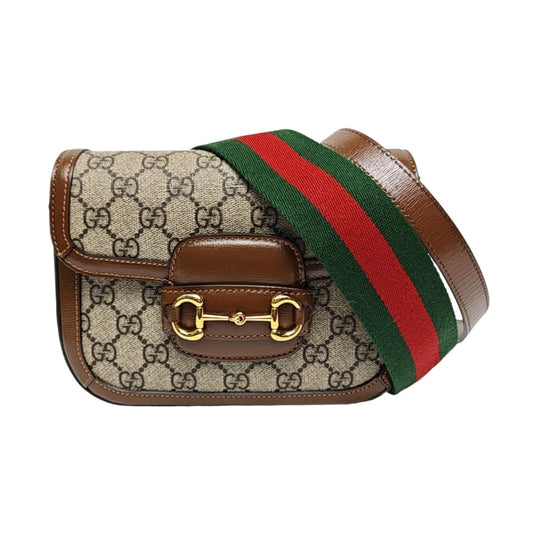 GUCCI Horsebit 1955 Mini Khaki Coated Canvas Shoulder Bag with Horsebit Detail, Gold Hardware, 2 Detachable Shoulder Straps, Complete Accessories-(SKU)-970201463