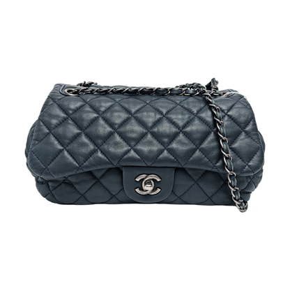 CHANEL CLASSIC FLAP Medium Deep Blue Lamb Skin Cannage Quilted Single Shoulder Bag Crossbody Bag Silver Hardware 18 Clasp-(SKU)-970159990
