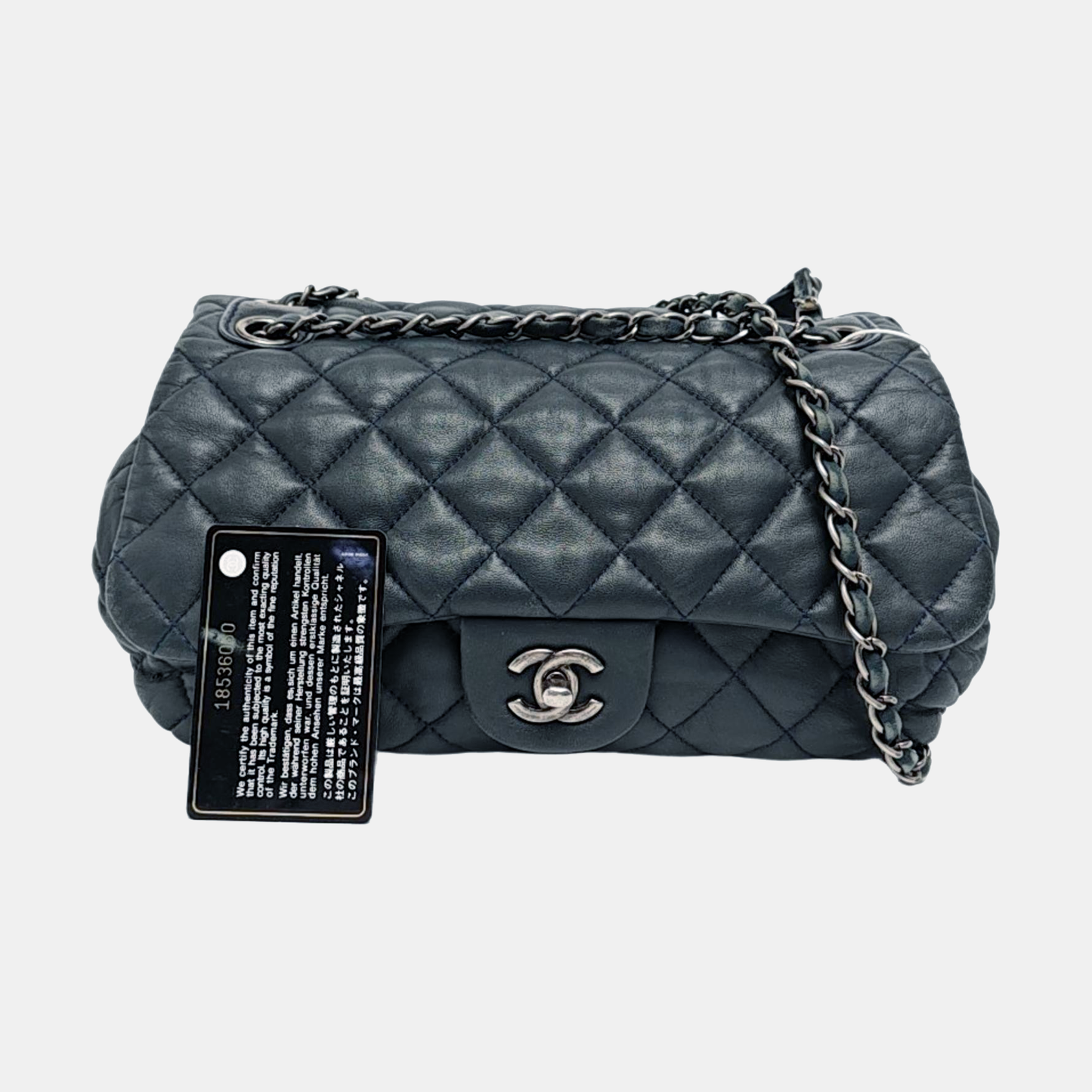 CHANEL CLASSIC FLAP Medium Deep Blue Lamb Skin Cannage Quilted Single Shoulder Bag Crossbody Bag Silver Hardware 18 Clasp-(SKU)-970159990