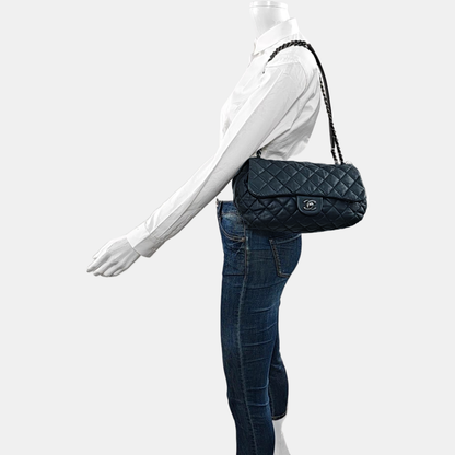 CHANEL CLASSIC FLAP Medium Deep Blue Lamb Skin Cannage Quilted Single Shoulder Bag Crossbody Bag Silver Hardware 18 Clasp-(SKU)-970159990