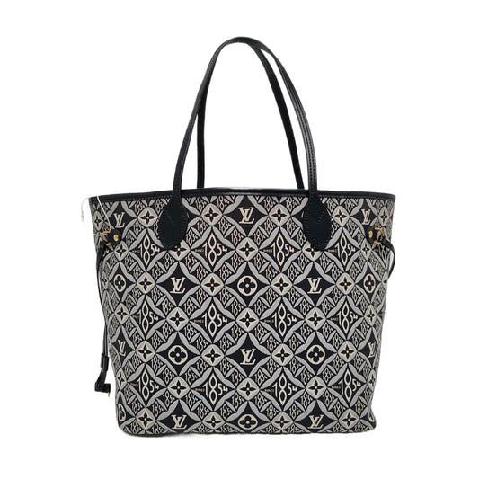 LOUIS VUITTON NEVERFULL Medium Black Fabric Floral Shopping Bag Shoulder Bag Tote Bag Gold Hardware Inner Pocket-(SKU)-970320625