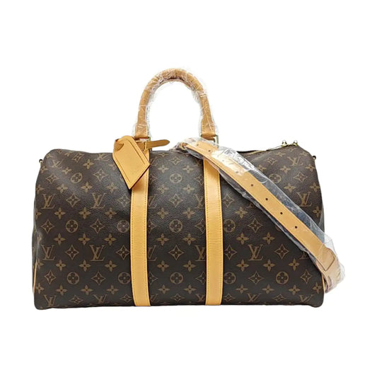 LOUIS VUITTON KEEPALL 45 Brown Coated Canvas Monogram Boston Bag Crossbody Shoulder Bag Sling Bag Black Hardware Removable Strap-(SKU)-970471261