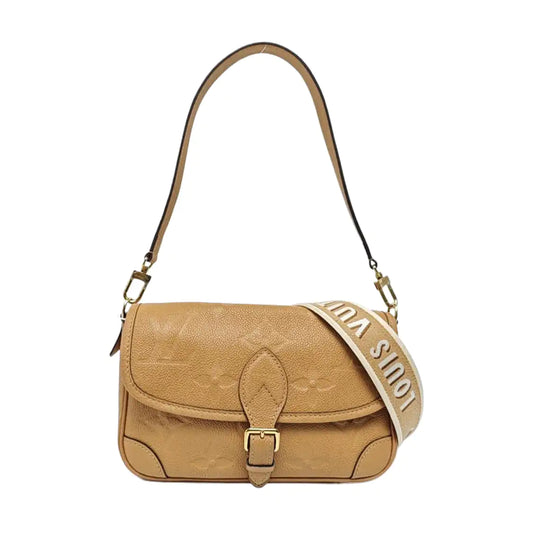 LOUIS VUITTON DIANE Small Brown Leather Monogram Crinkle Baguette Shoulder Bag Tote Crossbody Bag with Gold Hardware and 2 Removable Straps-(SKU)-970014496
