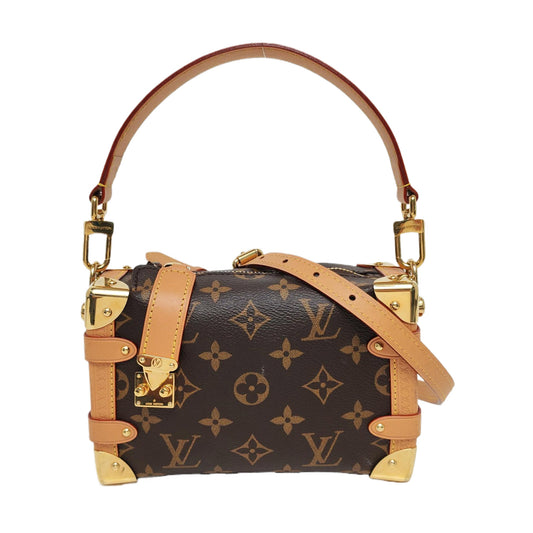 LOUIS VUITTON SIDE TRUNK Small Size Brown Coated Canvas Monogram Stud Soft Box Crossbody Shoulder Bag Tote Bag Single Shoulder Bag with Detachable Straps-(SKU)-970050199
