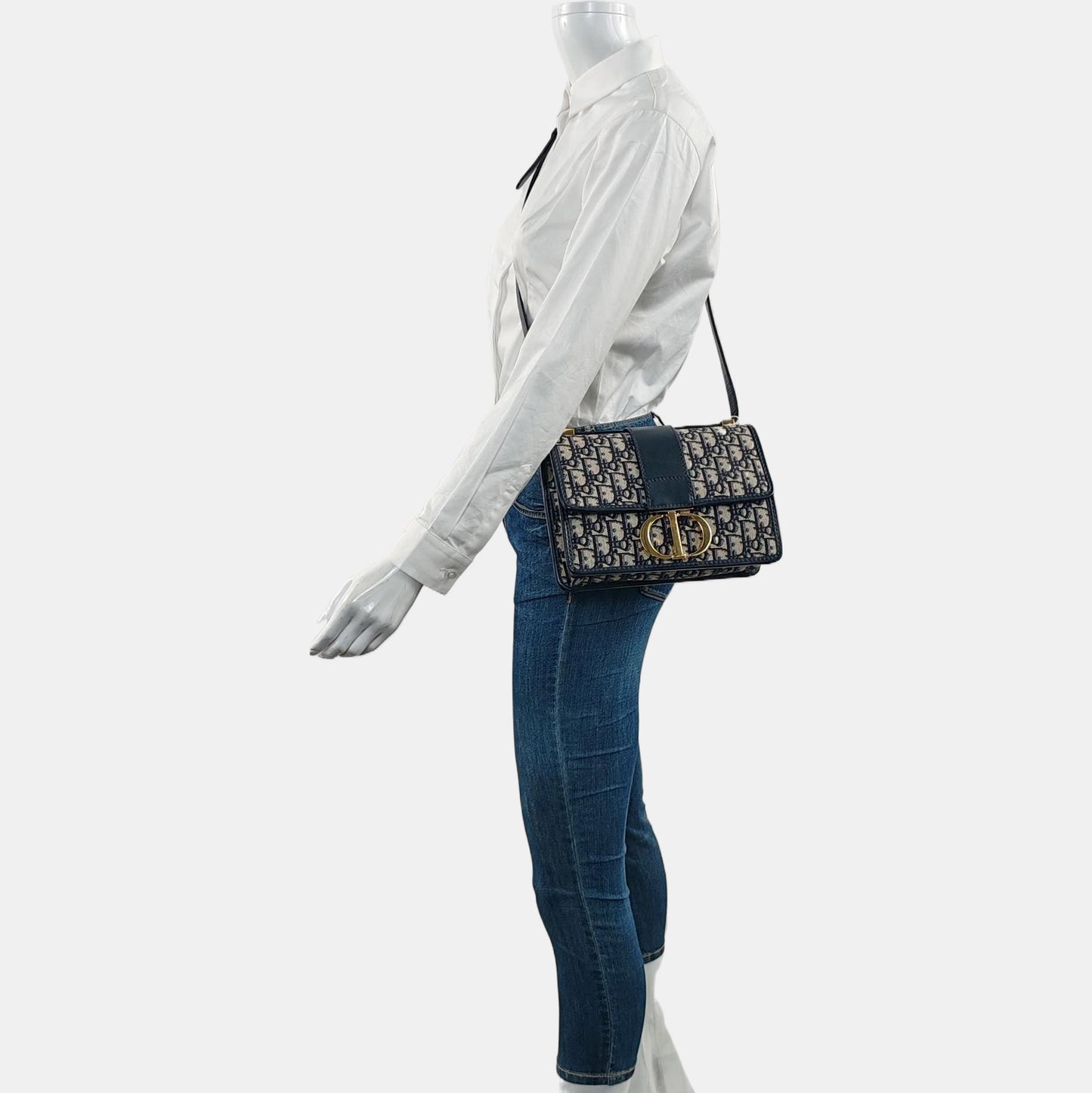 DIOR 30 Montaigne Blue Canvas Monogram Embossed Montaigne Bag Shoulder Bag with Detachable Strap-(SKU)-970899095