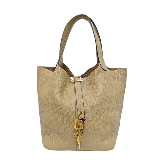 HERMÈS Picotin Lock 22 Trench Grey Clemence Leather Picotin Bag Handbag Shoulder Bag Golden Hardware Accessories Included-(SKU)-970762608
