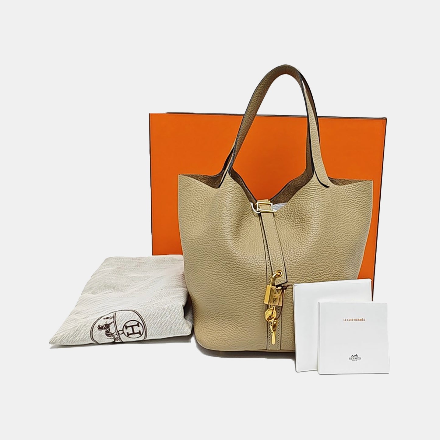 HERMÈS Picotin Lock 22 Trench Grey Clemence Leather Picotin Bag Handbag Shoulder Bag Golden Hardware Accessories Included-(SKU)-970762608