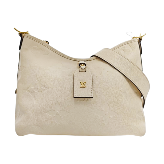 LOUIS VUITTON CARRYALL Small Beige Calfskin Monogram Embossed Shoulder Bag Tote Bag Gold Hardware Pockets Removable Shoulder Strap-(SKU)-965101624