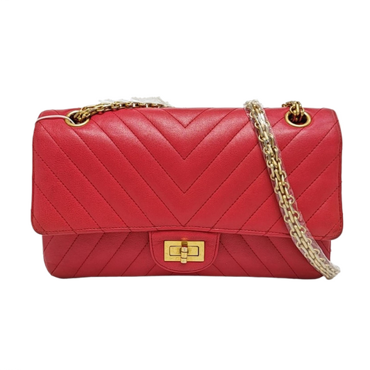 CHANEL 2.55 Small, red lamb skin, quilted V pattern, chain strap, gold hardware, size 23-(SKU)-971107723