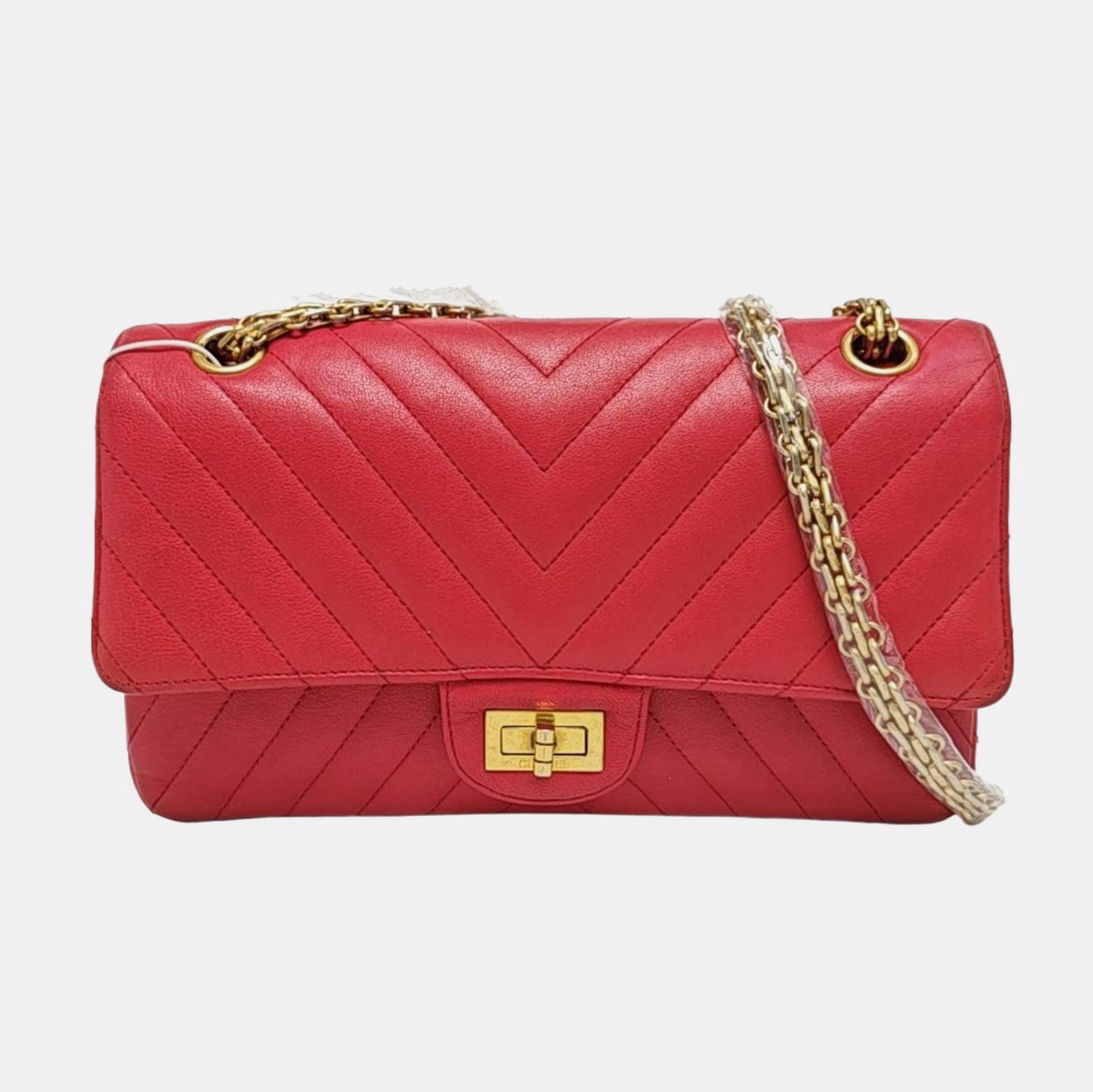 CHANEL 2.55 Small, red lamb skin, quilted V pattern, chain strap, gold hardware, size 23-(SKU)-971107723