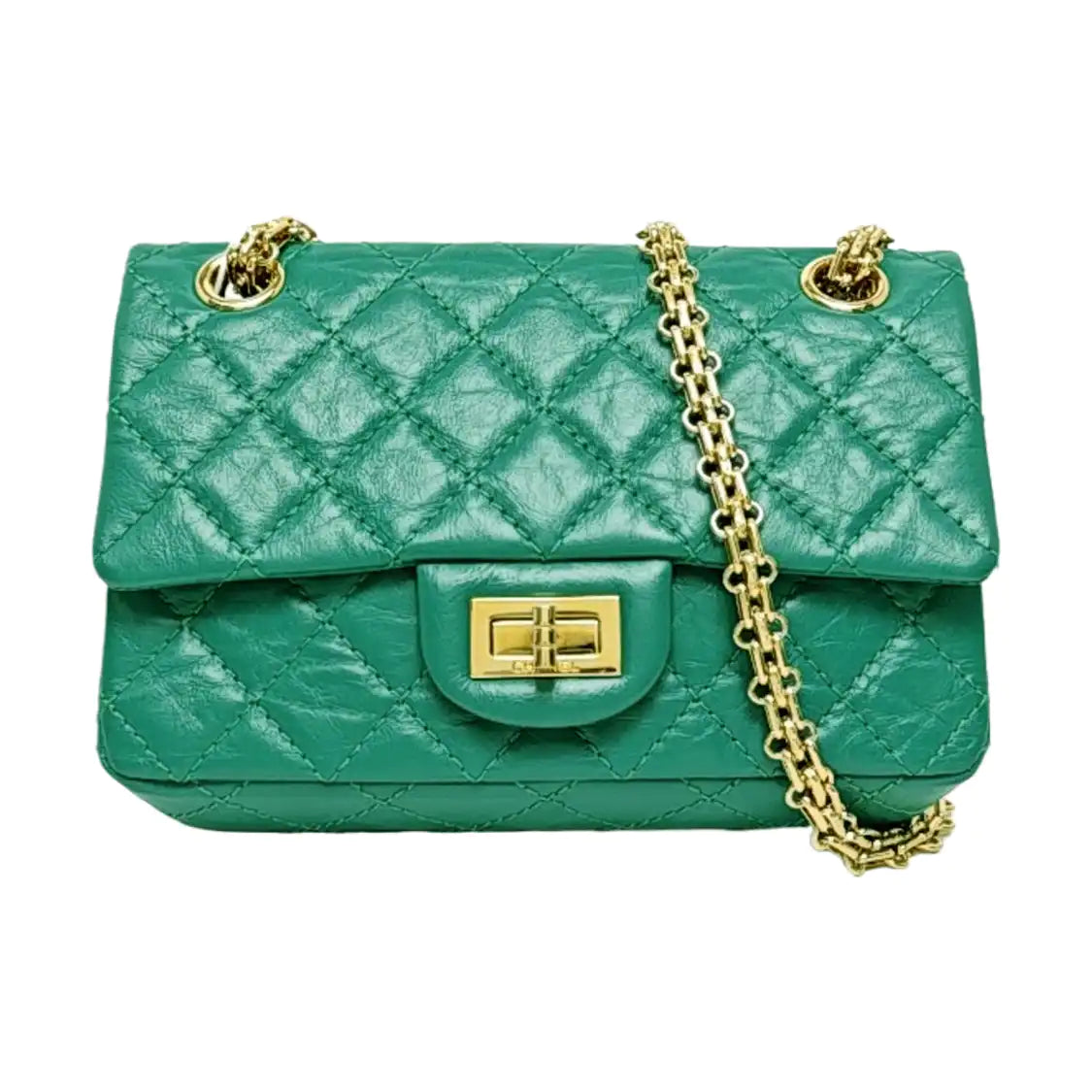 CHANEL 2.55 Mini Green Leather Quilted Chain Crossbody Shoulder Bag with Gold Hardware, 28 Clasps-(SKU)-971035161
