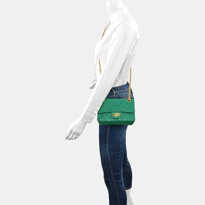 CHANEL 2.55 Mini Green Leather Quilted Chain Crossbody Shoulder Bag with Gold Hardware, 28 Clasps-(SKU)-971035161