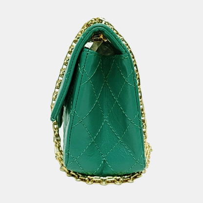 CHANEL 2.55 Mini Green Leather Quilted Chain Crossbody Shoulder Bag with Gold Hardware, 28 Clasps-(SKU)-971035161