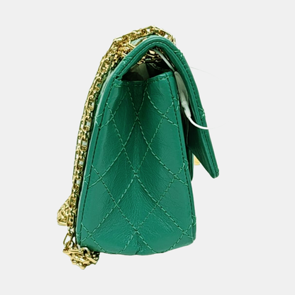 CHANEL 2.55 Mini Green Leather Quilted Chain Crossbody Shoulder Bag with Gold Hardware, 28 Clasps-(SKU)-971035161
