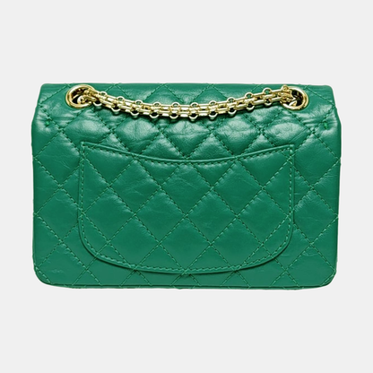 CHANEL 2.55 Mini Green Leather Quilted Chain Crossbody Shoulder Bag with Gold Hardware, 28 Clasps-(SKU)-971035161