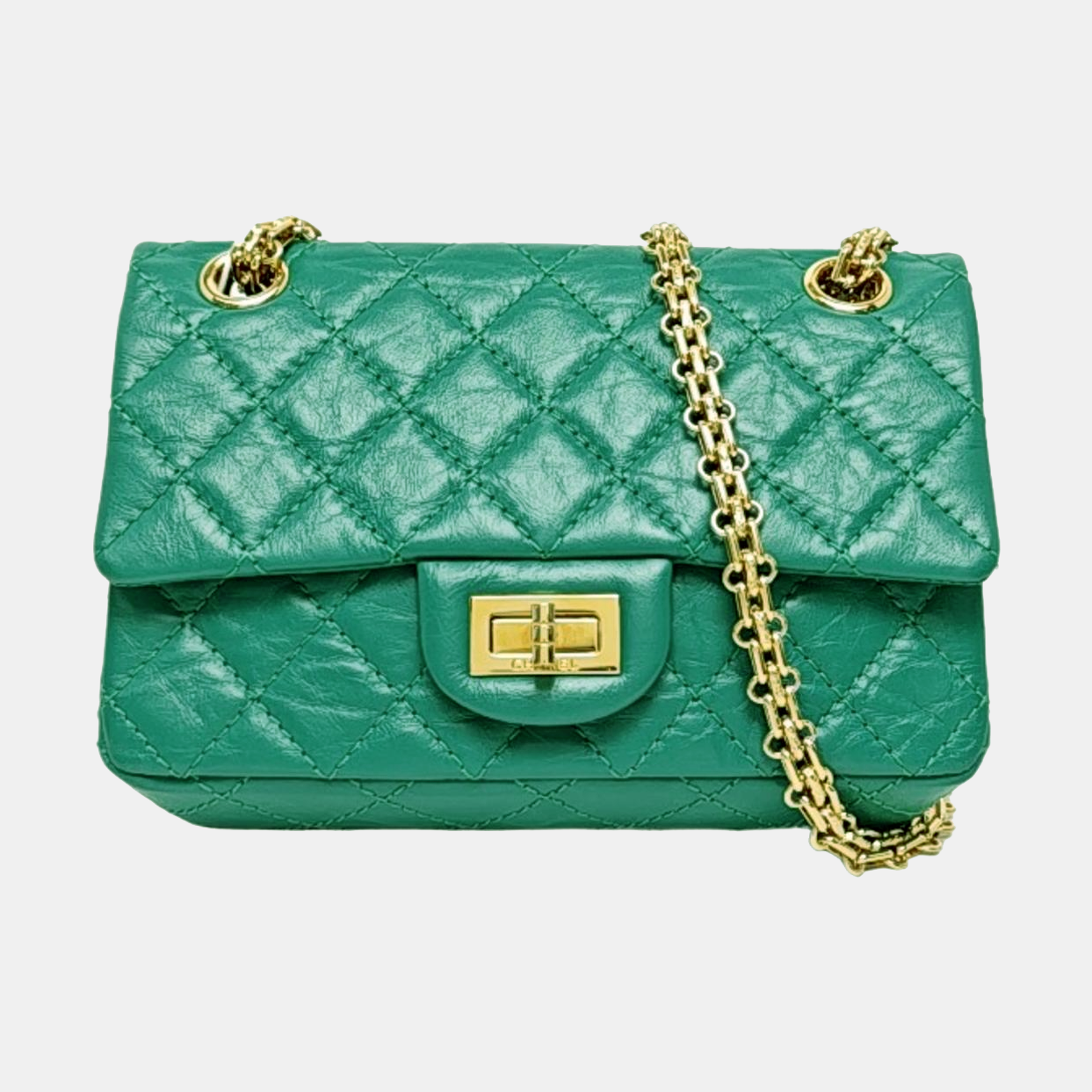 CHANEL 2.55 Mini Green Leather Quilted Chain Crossbody Shoulder Bag with Gold Hardware, 28 Clasps-(SKU)-971035161