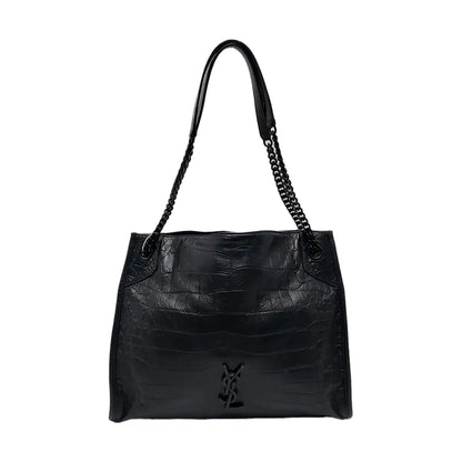 YSL NIKI Black Leather Crocodile-Print Single-Shoulder Bag with Palladium Hardware-(SKU)-971106402