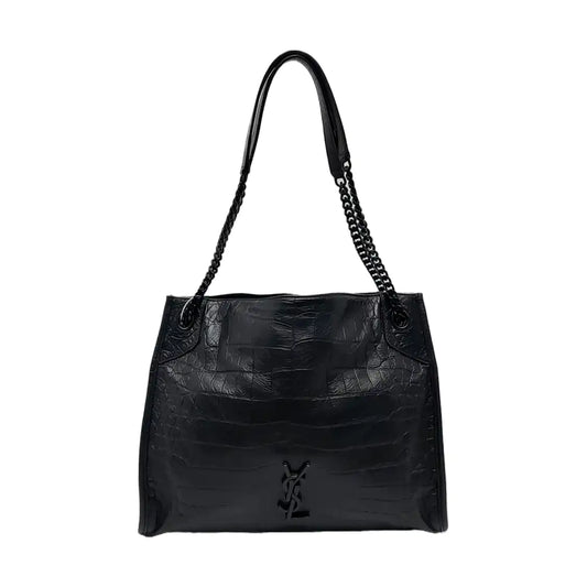 YSL NIKI Black Leather Crocodile-Print Single-Shoulder Bag with Palladium Hardware-(SKU)-971106402