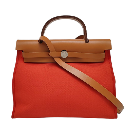HERMÈS Herbag 31 Flag Red Canvas Single Shoulder Bag Tote Bag Silver Hardware A Detachable Strap-(SKU)-971167816