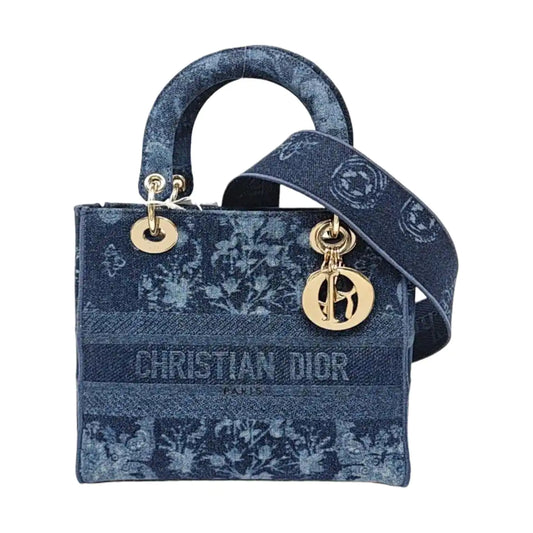 DIOR Lady D-Lite Medium Blue Denim Shoulder Bag with Detachable Strap-(SKU)-971170894