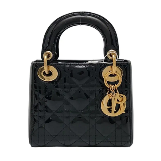 DIOR Lady Dior Mini Black Patent Lamb Skin Quilted Diagonal Bag, Shoulder Bag, Crossbody, Handle Bag with Detachable Strap, Golden Hardware-(SKU)-971167248