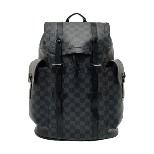 LOUIS VUITTON CHRISTOPHER Medium Grey Coated Canvas Checkerboard Backpack Tote Bag with Silver Hardware-(SKU)-969278949