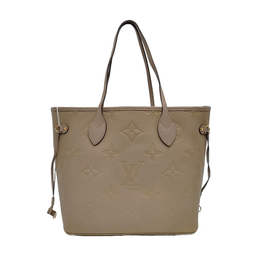 LOUIS VUITTON NEVERFULL Medium Grey Leather Damier Canvas Shopping Bag Crossbody Shoulder Bag Golden Hardware Pockets Complete Accessories-(SKU)-959280840